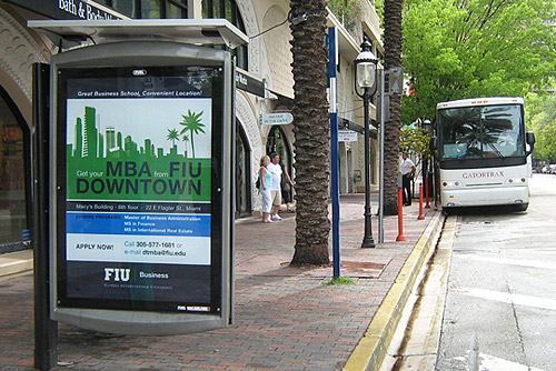Ads in 20 bus shelters alert riders and passersby to what the Downtown Center has to offer.