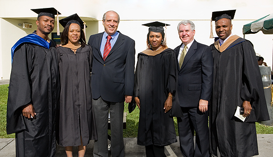 Students from the college’s graduate Jamaica’s programs came to Miami to walk in the Spring Commencement on April 28, 2009. From left to right: Jerome Sommerville; Althea Smith; Tomislav Mandakovic, associate dean, Chapman Graduate School; Nadia Frankson; Ron Gilbert, faculty director, International Executive MBA; and Donovan James