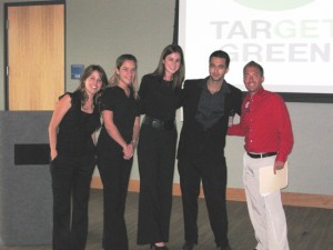 From left to right, winning team members Chiara De La Vega, Cristina Campos, Vianna Rivero, and Anthony Mantecon with Victor Rota, group campus recruiter, TARGET