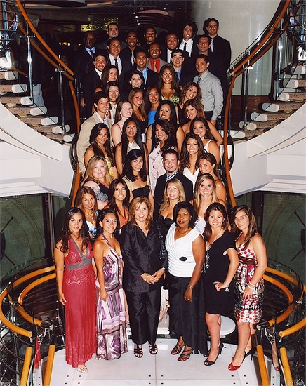 Students—along with Helen Simon, front row, third from left and Doreen Gooden, fourth from left—spent part of a study abroad program on a seven-day Mediterranean cruise.
