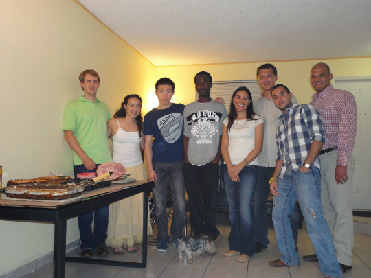 Jared Roeckner (United States) joined FIU Business graduate students Tara Boulos (Haiti), who is engaged to Roeckner; Peng Chen (China); Sylvester Gyan (Ghana); Priscilla Ferreira (Brazil); Ruslan Imadiyev (Kazakhstan); Amir Vasquez (Belize); and Ruben Edwards (Puerto Rico) at the first meeting of the Chapman International Students Association.