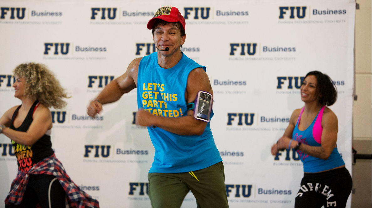 Zumba co-founder Beto Perez stages a dance-out for College of Business charity.