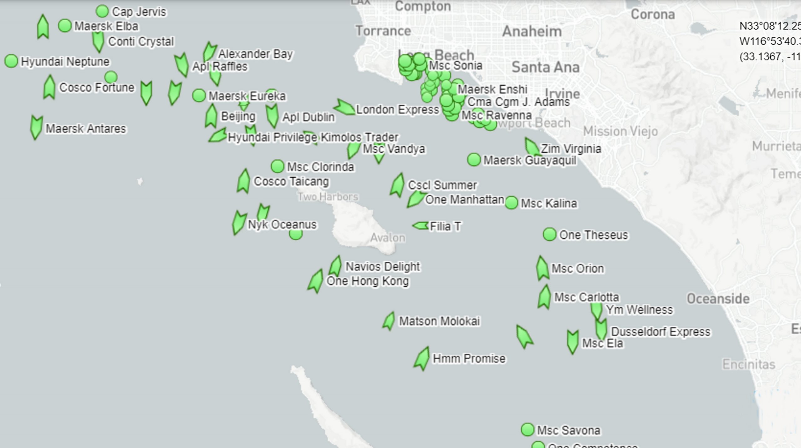 A map from Marine Traffic on Nov. 15 shows 86 container ships off the coast of Los Angeles waiting to unload their cargo. 